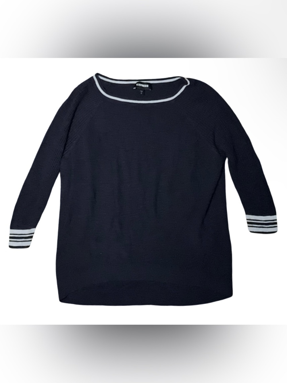 Express Navy Blue White Trim 3/4 Sleeve Knit Sweater Top Size S